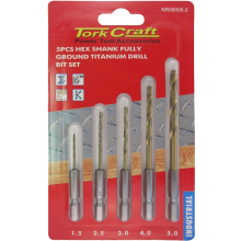 Tork Craft Drill Bit Set 5pcs Hss Fully Ground Titanium Hex Shank 1.5/2.5/3/4/5mm image 1